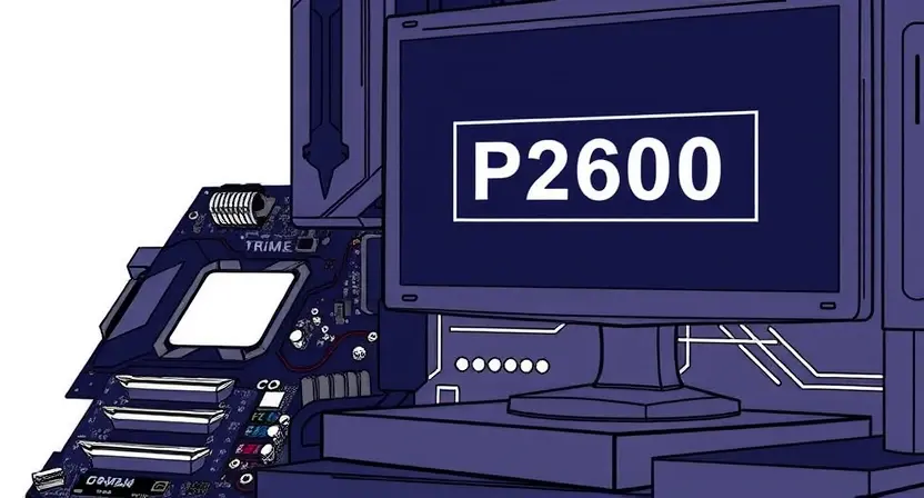 A detailed illustration depicting a computer motherboard with a highlighted P2600 error code displayed on a monitor. The motherboard should show various components like CPU, RAM, and graphics card. The monitor should display the error code in a clear, readable font. The overall scene should be clean and professional, suggesting a technical troubleshooting scenario.