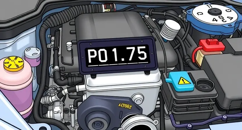 A detailed illustration of a car's engine bay with a diagnostic code reader displaying 'P0175'. The engine should be partially visible, showcasing various components like hoses, wires, and sensors. Focus on clarity and precision in displaying the code.