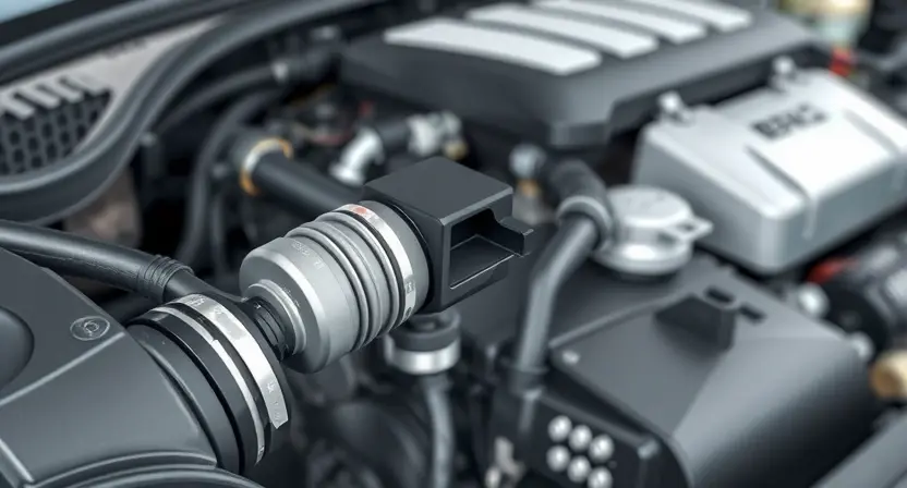 A close-up, detailed illustration of a car engine bay. Focus on the mass airflow sensor (MAF sensor) and its surrounding components. The engine should appear clean and well-maintained. Use bright, realistic colors to highlight the sensor's position and connections. The background should be slightly blurred to emphasize the MAF sensor.