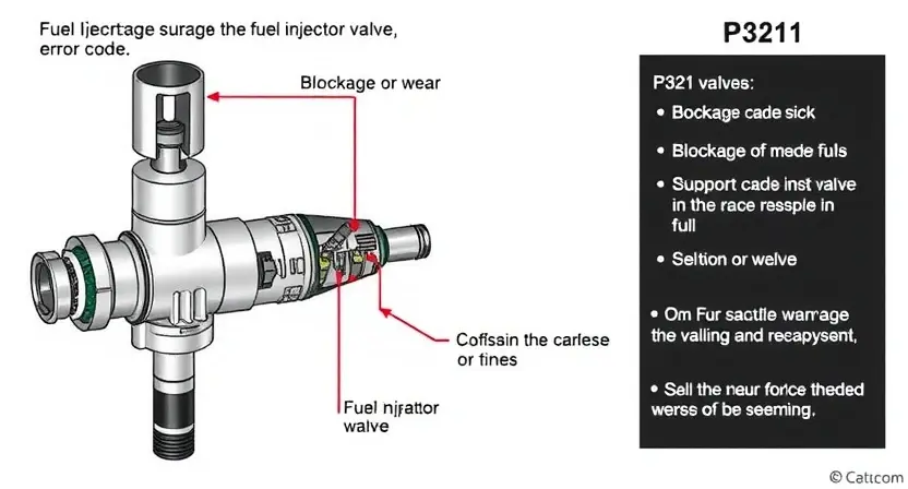 A detailed illustration of a fuel injector valve with a visual representation of the P3211 error code and its potential causes. The image should clearly show the valve mechanism, internal components, and possible malfunctions like blockage or wear.