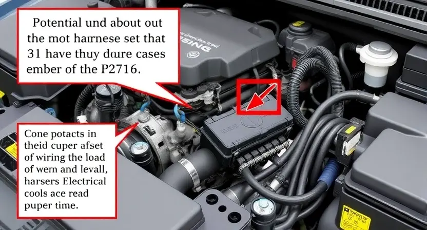 A detailed illustration of an automotive engine bay, focusing on the area around the engine control unit (ECU) and wiring harness. The image should depict a close-up view of the electrical components, highlighting potential causes of the P2716 error code. Include visual representations of wiring, connectors, and sensors. The overall aesthetic should be technical and informative, resembling a diagnostic diagram.