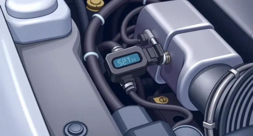 A detailed illustration of a car's engine bay, focusing on the coolant level sensor. The sensor should be clearly visible, with a digital display showing a high coolant level. Wires and hoses connected to the sensor should be depicted realistically. The background should be slightly blurred to emphasize the sensor.