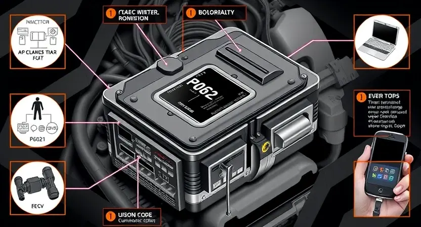 A detailed illustration of an automotive engine control unit (ECU) with wiring diagrams and diagnostic tools surrounding it. Focus on the P0621 error code indicator and its associated components.