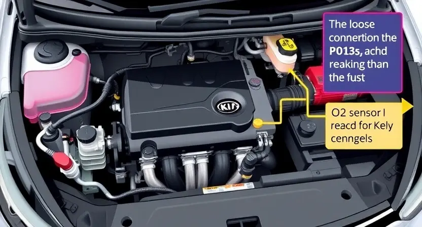 A detailed illustration of a car engine bay, focusing on the area around the O2 sensor. Include visual representations of the O2 sensor itself, wiring, and potential causes of the P0135 error (e.g., a loose connection, a faulty sensor). The engine should be a Kia Rio.