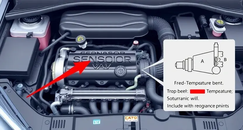 A detailed illustration of an automotive engine bay with a focus on the temperature sensor. The sensor should be clearly visible, connected to wiring, and with a visual representation of the temperature reading (e.g., a gauge or digital display). Include diagnostic tools and a schematic diagram illustrating the sensor's function and potential failure points.