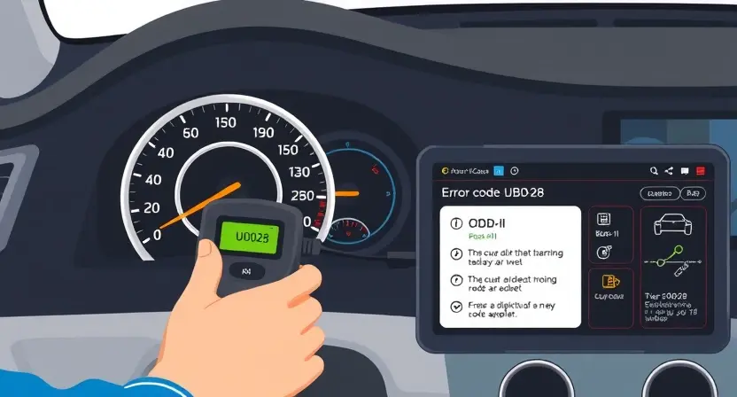 A high-quality technical illustration showing a modern car dashboard with warning lights illuminated, a mechanic's hand holding a diagnostic scanner connected to the OBD-II port, and a laptop screen displaying error code U0028 with troubleshooting steps, all rendered in clean vector style with muted automotive colors and technical diagrams