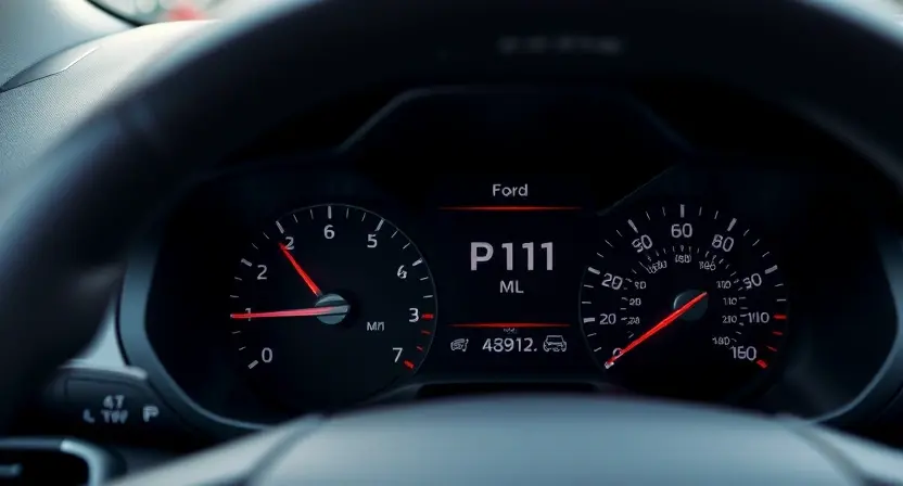 A close-up shot of a car's dashboard, specifically focusing on the instrument cluster. The display should clearly show the 'P1111' code illuminated. The car should be a modern Ford model, but the specific model is not important. The background should be slightly blurred to emphasize the dashboard.