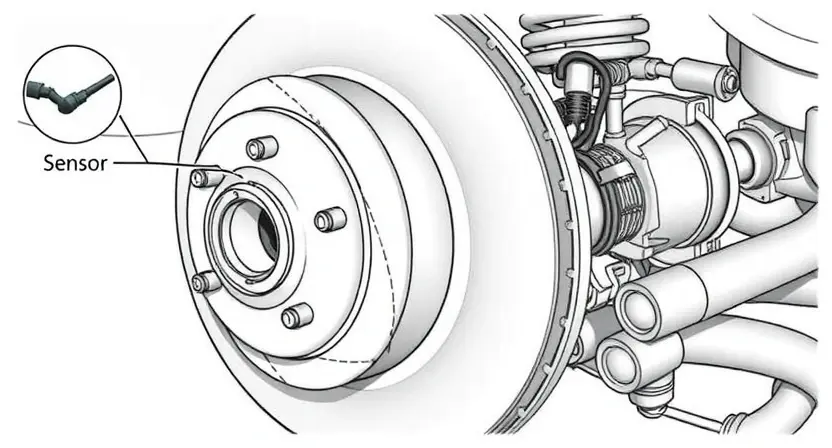 A detailed illustration of a car's front right wheel hub assembly, highlighting the speed sensor. Show the sensor's location, wiring connections, and surrounding components like the brake rotor and suspension parts. Focus on a clean, technical representation suitable for a repair manual.