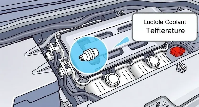 A detailed illustration of a car's engine bay, focusing on the coolant temperature sensor and surrounding components. The image should clearly show the sensor's location and how it interacts with the engine block. Include visual cues representing low coolant temperature, such as a slightly cooler color palette around the sensor or subtle visual effects indicating a lower temperature. The overall composition should be clean and informative, suitable for a technical guide.