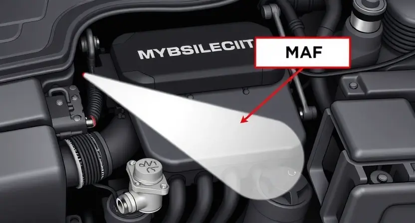 A detailed illustration of a car's engine bay, highlighting the Mass Airflow Sensor (MAF) and its connection to the engine control unit (ECU). Show airflow entering the MAF sensor and the resulting data being transmitted to the ECU. Include visual cues representing a low input signal, such as a slightly blurred or incomplete data stream. Focus on the sensor's physical appearance and its placement within the engine system.
