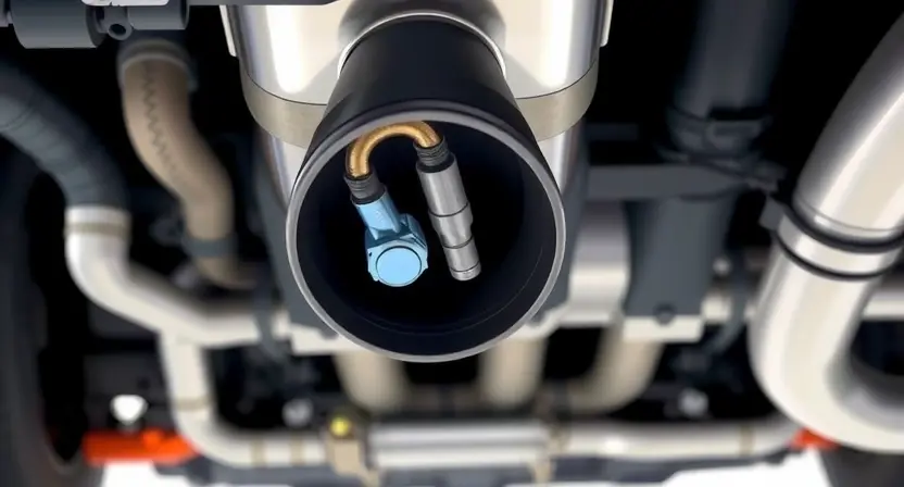 A close-up, detailed illustration of an automotive exhaust system with a focus on the oxygen sensor. The sensor should be clearly visible, showing its wiring and connection point to the exhaust pipe. The surrounding components of the exhaust system (pipes, catalytic converter) should be subtly visible to provide context. The overall lighting should be bright and even, highlighting the details of the sensor and its surroundings.