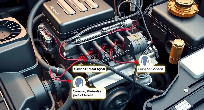 A detailed illustration of a car engine with a focus on the camshaft output signal circuit. Show the wiring, sensors, and potential points of failure. Use realistic lighting and textures to depict the engine components.
