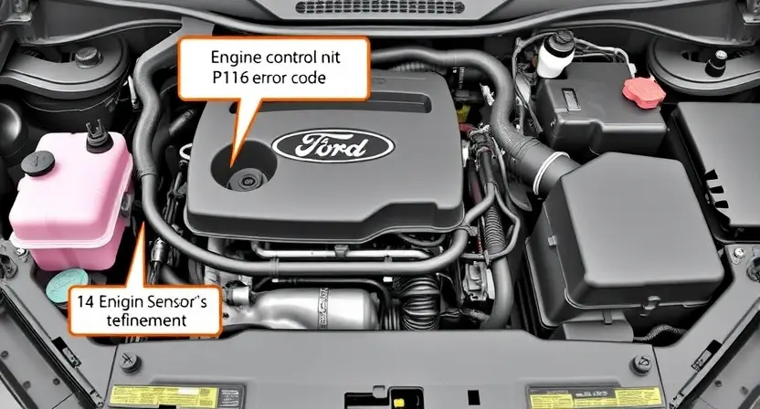 A detailed illustration of a Ford vehicle's engine bay, highlighting the relevant sensors and components associated with the P1116 error code. Focus on the engine control unit (ECU) and related wiring. The image should convey a sense of technical precision and clarity, suitable for a repair manual.