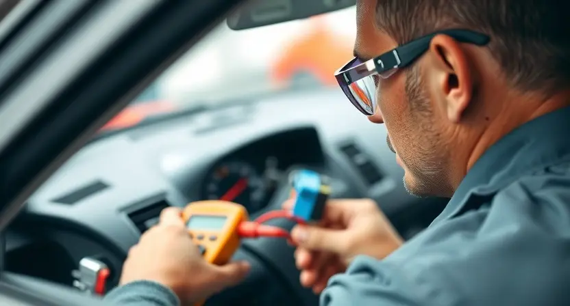 A close-up, detailed image of an electrician inspecting wiring inside a car's dashboard. The electrician is wearing safety glasses and using a multimeter to check a wiring harness. Focus on the intricate network of wires and connectors. The interior of the car should be slightly blurred in the background, emphasizing the wiring work. Good lighting to highlight the details of the wires and components.