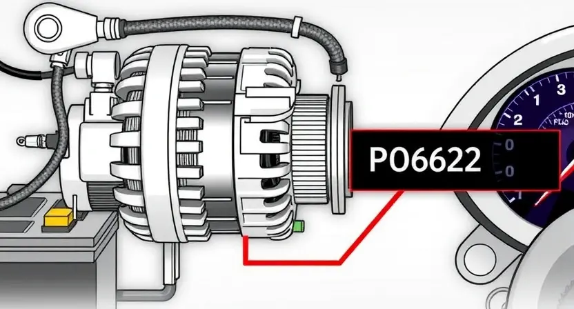 A detailed technical diagram of an automotive alternator circuit with a highlighted fault indicator labeled 'P0622', showing electrical connections, battery, ECU, and warning light on dashboard, clean and professional automotive repair illustration