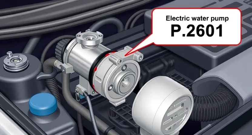 A detailed illustration of a car's engine compartment, focusing on the cooling system. Show a close-up of the electric water pump, highlighting potential issues like leaks or corrosion. Include visual cues representing the P2601 error code, such as a warning light or a diagnostic display. The background should be slightly blurred to emphasize the pump and its surroundings.