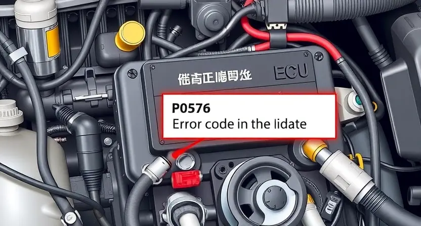 A detailed illustration of an engine control unit (ECU) with various sensors and wiring, highlighting the P0576 error code indicator. The background should be a clean, technical environment.