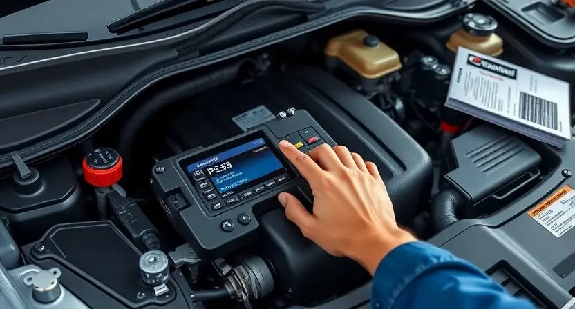 A high-quality engine bay of a modern car showing a mechanic's hand tapping a diagnostic scanner on the engine control unit, with a warning light indicating error code P2336, surrounded by tools and service manuals, realistic lighting, detailed textures, no text or numbers on the image