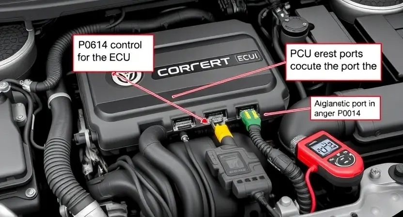A detailed illustration of a car's engine control unit (ECU) with various diagnostic tools connected, highlighting the P0614 error code. The ECU should be clearly visible, and the tools should be pointing towards relevant diagnostic ports.