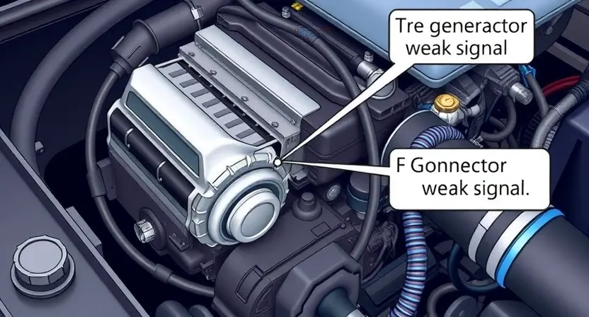 A detailed illustration of an automotive engine bay, focusing on the area around the generator and its wiring. Highlight the F connector and the corresponding wiring harness. Show a visual representation of a weak signal, perhaps with a faint, barely visible line or a slightly dimmed color in the wiring.