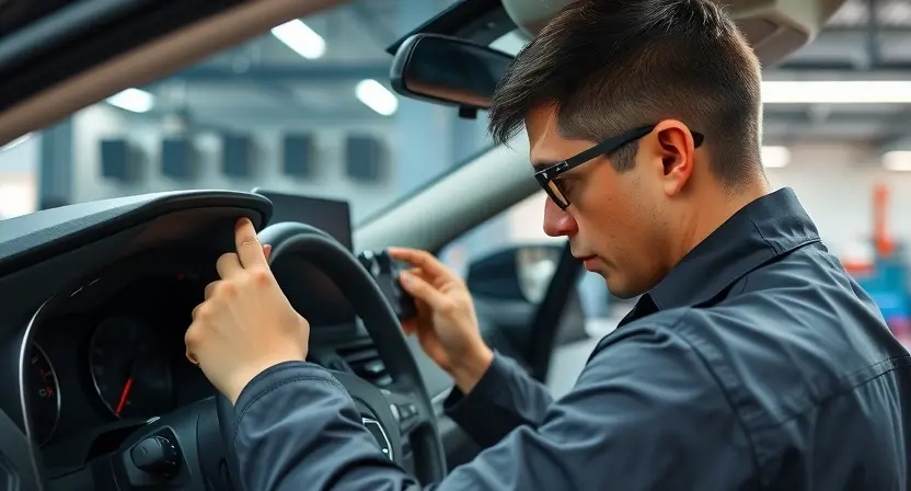 A professional automotive repair shop interior showing a mechanic examining an electronic control module of an anti-theft system on a car dashboard, with warning lights and diagnostic equipment visible, clean and well-lit environment, technical accuracy, no text or numbers on image