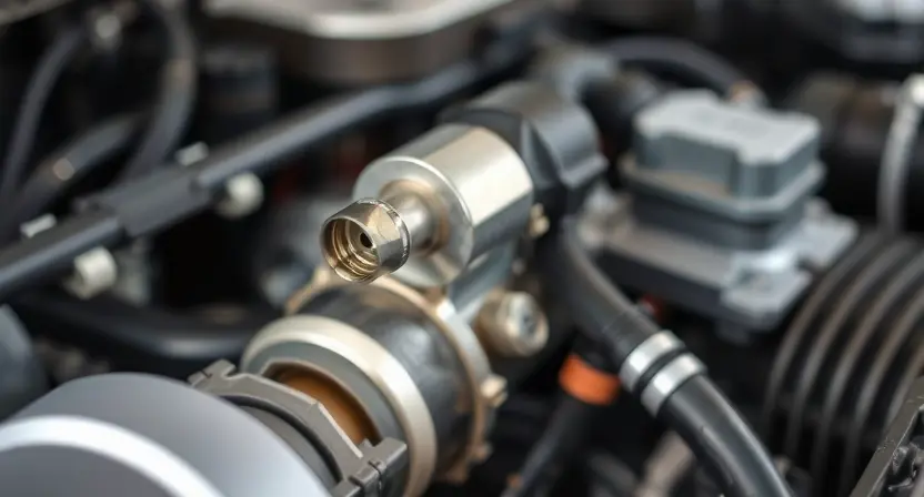 A close-up, detailed image of a car's engine bay, specifically highlighting the oxygen sensor. The sensor should be clearly visible, with surrounding engine components in focus but slightly blurred to emphasize the sensor. The overall lighting should be bright and clean, showcasing the metallic parts and wiring. Focus on the sensor's connection point to the engine.