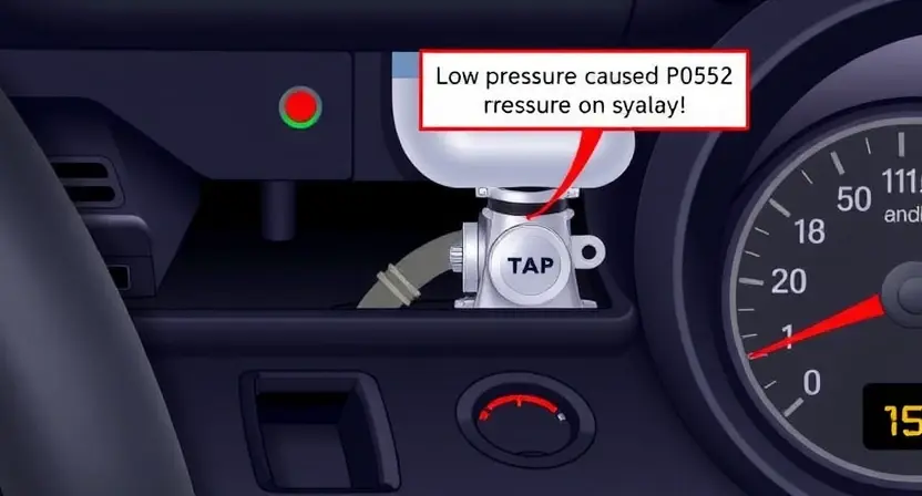 A detailed illustration of a car's power steering system with a pressure sensor, highlighting the potential cause of a P0552 error code. Include visual cues representing low pressure, such as a partially filled reservoir and a warning light on the dashboard. Focus on the sensor itself and its connection to the system.