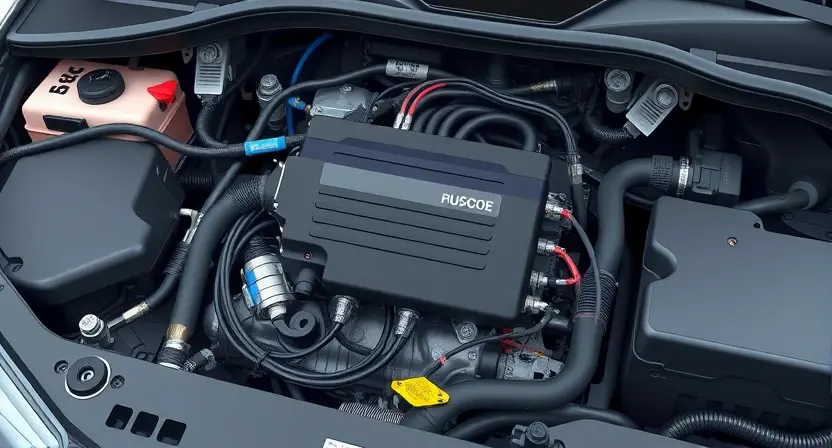 A detailed, realistic illustration of a car's engine bay, focusing on the electronic control unit (ECU) and its wiring harness. The ECU should be clearly visible, surrounded by various sensors and components. The overall scene should convey a sense of technical precision and organized complexity. The lighting should be bright and even, highlighting the details of the components.
