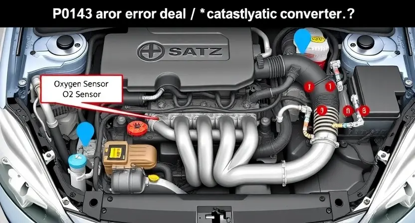 A detailed illustration of a car's engine bay, highlighting the oxygen sensor (O2 sensor) and the catalytic converter. The engine should be in a neutral state, with no visible damage. Focus on the components related to the P0143 error code.
