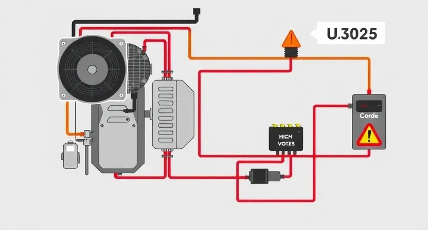 A high-voltage air conditioner compressor circuit diagram showing error code U3025, with visible high-voltage components, wiring, and a warning indicator, rendered in a technical illustration style