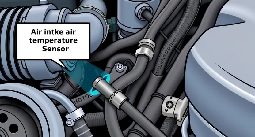 A close-up, detailed illustration of an engine bay with a focus on the Intake Air Temperature (IAT) sensor. The sensor should be clearly visible, along with surrounding hoses and wiring. Include a subtle visual representation of airflow near the sensor. The overall scene should convey a sense of automotive diagnostics and technical precision.