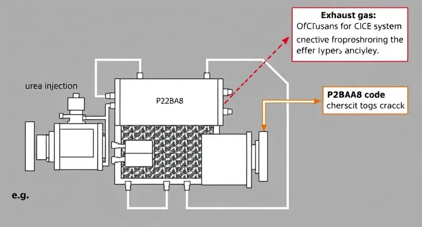 A detailed diagram illustrating the SCR (Selective Catalytic Reduction) system and the P2BA8 error code. The diagram should show the components of the SCR system (e.g., urea injection, catalyst bed, exhaust gas) and highlight the P2BA8 code's impact on the system's operation. Use clear labels and arrows to indicate the flow of gases and the effect of the error.