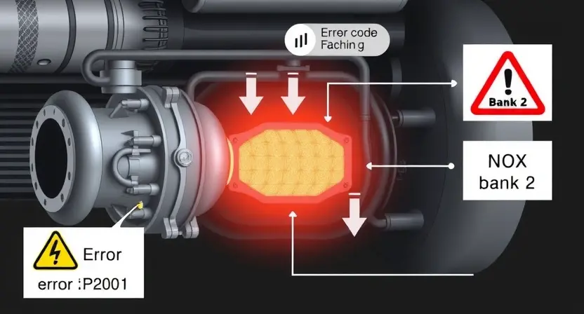 A high-quality technical illustration showing a diesel engine exhaust system with a glowing NOx sensor in bank 2, surrounded by warning symbols and error code P2001, clean technical diagram style, no text or letters on image