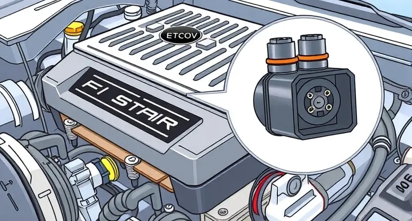 A detailed illustration of an automotive engine control unit (ECU) with a close-up on a solenoid valve. The ECU should be depicted with visible wiring and components. The solenoid valve should be highlighted, showing its internal mechanism. The background should be a clean, technical environment.