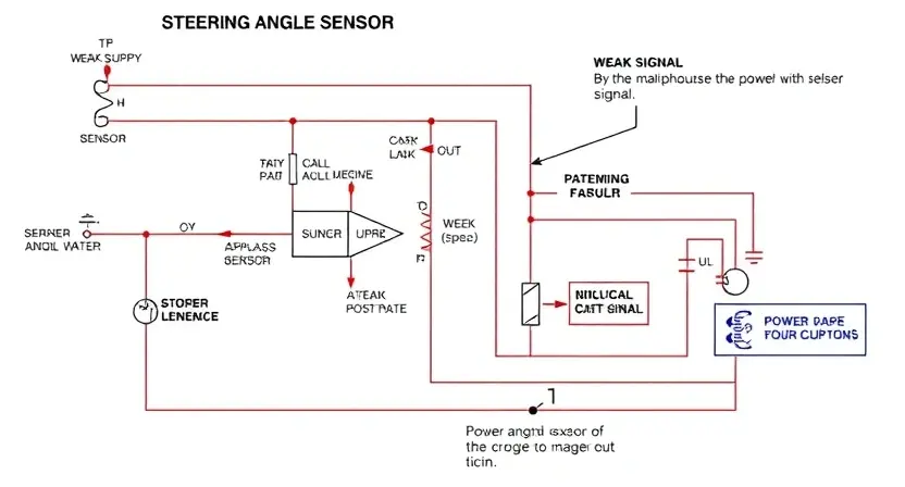 A detailed schematic diagram of a steering angle sensor circuit, highlighting the signal path and potential causes of a weak signal. Include visual representations of the sensor, signal processing components, and the power supply. Focus on clarity and technical accuracy.
