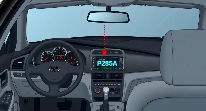 A detailed illustration of a car dashboard displaying a P285A error code. The dashboard should show the error code prominently, along with relevant warning lights illuminated. The car's interior should be realistically depicted, showing the steering wheel, seats, and other components. Focus on clarity and technical accuracy.
