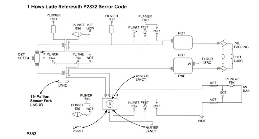 A detailed schematic diagram of an electrical circuit, specifically focusing on the position sensor (fork) and its associated electrical components. The diagram should clearly illustrate the wiring, connections, and potential points of failure related to the P2832 error code. Include labels for all components and connections.
