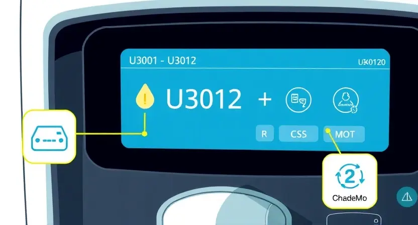 A high-quality technical illustration showing a charging station interface displaying an error code U3012, with visual elements representing loss of communication with the charging port controller. Include abstract representations of CCS and CHAdeMO charging standards as icons or symbols near the port, clean technical diagram style, professional engineering illustration, no text labels or numbers on image, no UI elements like buttons or menus