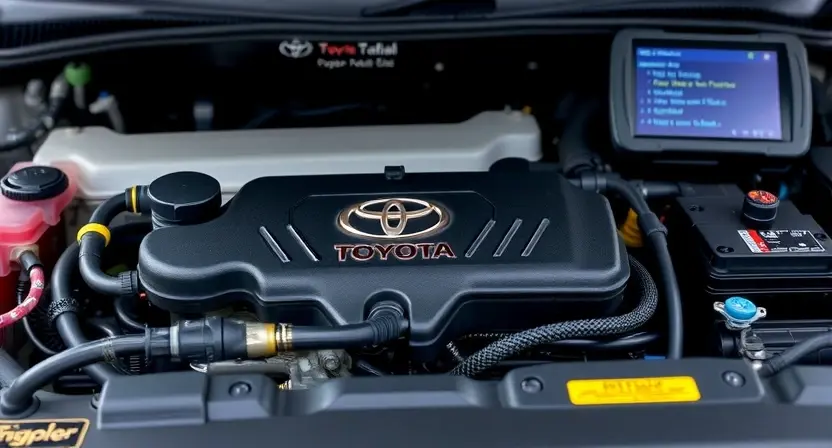 A close-up shot of a Toyota engine bay, focusing on the engine control unit (ECU) and related wiring. The engine should appear clean and well-maintained. Subtle hints of diagnostic tools (like a scan tool screen displaying a code) can be included in the background, but the focus remains on the ECU and wiring.