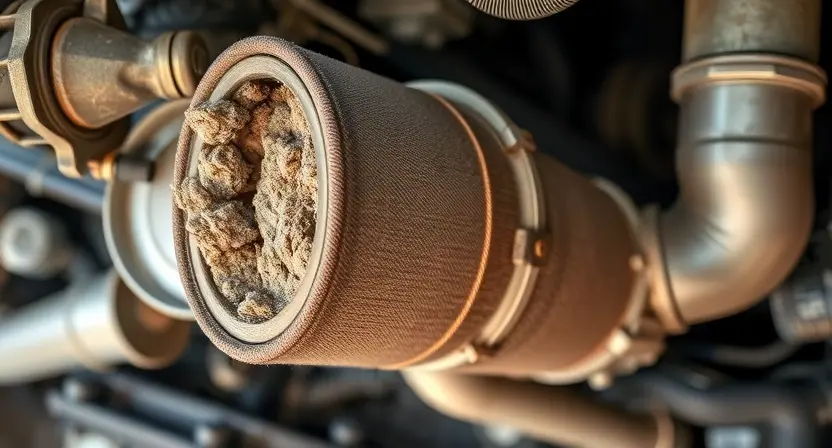 A close-up, detailed image of a diesel engine's exhaust system, specifically focusing on the Diesel Particulate Filter (DPF). The DPF should be visibly clogged with soot and ash. The surrounding components like pipes and sensors should be clearly depicted, showing signs of wear and tear consistent with a malfunctioning filter. The overall lighting should be realistic, highlighting the texture and condition of the DPF. Focus on the physical state of the filter, emphasizing the blockage.