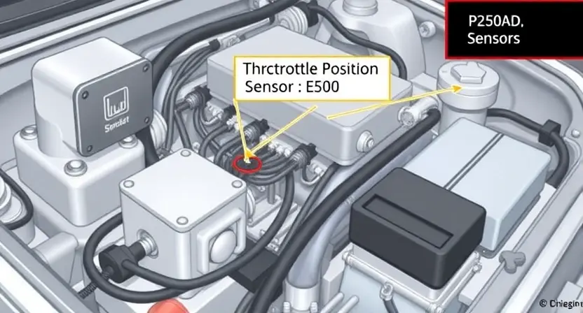 A detailed illustration of a car's electrical system with a focus on the components related to the P2500 error code. The image should show the wiring, sensors, and other relevant parts in a clear and technical manner. Highlight the areas that are commonly associated with the P2500 error, such as the throttle position sensor and the electronic control unit (ECU). The depiction should be realistic and informative, suitable for a technical article.