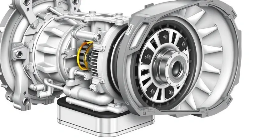 A detailed illustration of a transmission case with a close-up view of the torque converter lockup clutch. The clutch mechanism should be clearly visible, showing the internal components and how it engages with the turbine and impeller. The background should be a clean, technical environment.