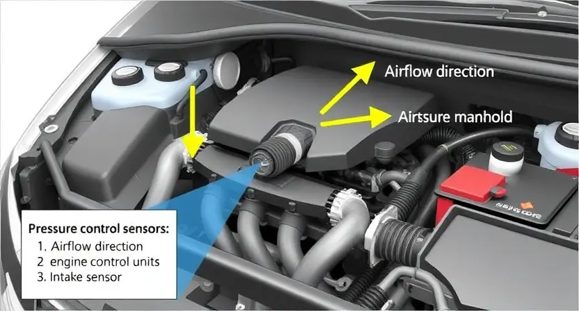 A detailed diagram illustrating the Map sensor's location in a car's engine bay, with arrows pointing to its connection to the engine control unit (ECU) and intake manifold. Highlight the airflow direction and pressure changes around the sensor. Include a simplified representation of the ECU receiving data from the sensor.