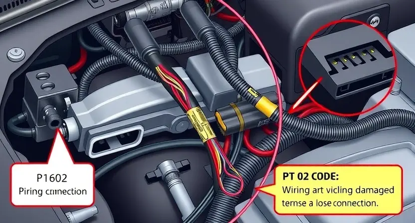 A detailed illustration of a car's wiring harness with close-ups of connectors and potential points of failure. Focus on the wiring and connections related to the P1602 error code. Include visual cues suggesting a damaged or loose connection.