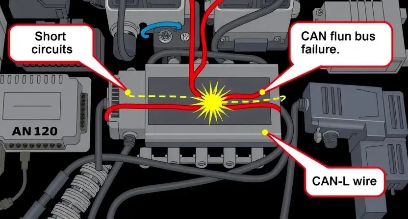 A detailed technical illustration of a CAN bus circuit showing a short circuit between CAN-H and CAN-L wires, with visible sparks or heat damage at the fault point, surrounded by automotive electronic components like ECUs, sensors, and wiring harnesses, labeled with callouts indicating 'Short Circuit' and 'CAN Bus Failure', in a clean, professional engineering diagram style
