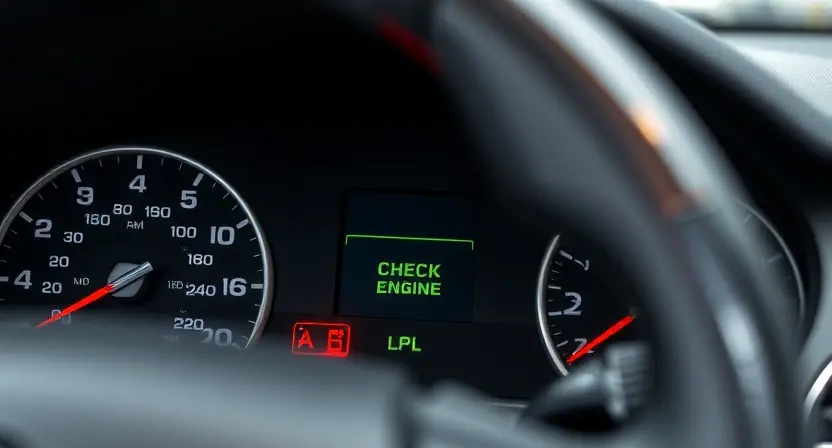 A close-up of a car's instrument panel with a highlighted check engine light. The focus should be on the warning light and the surrounding gauges, conveying a sense of malfunction. The car interior should be clean and modern, with a blurred background suggesting a garage or workshop setting.