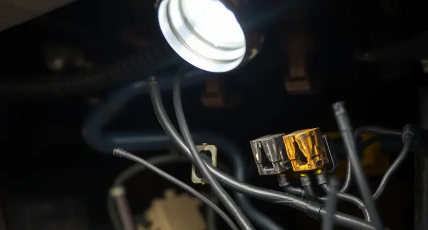 A close-up of a car's wiring harness with frayed wires and corroded connectors, illuminated by a flashlight in a dim garage, showing signs of electrical damage and poor connections, realistic automotive detail, no text or labels