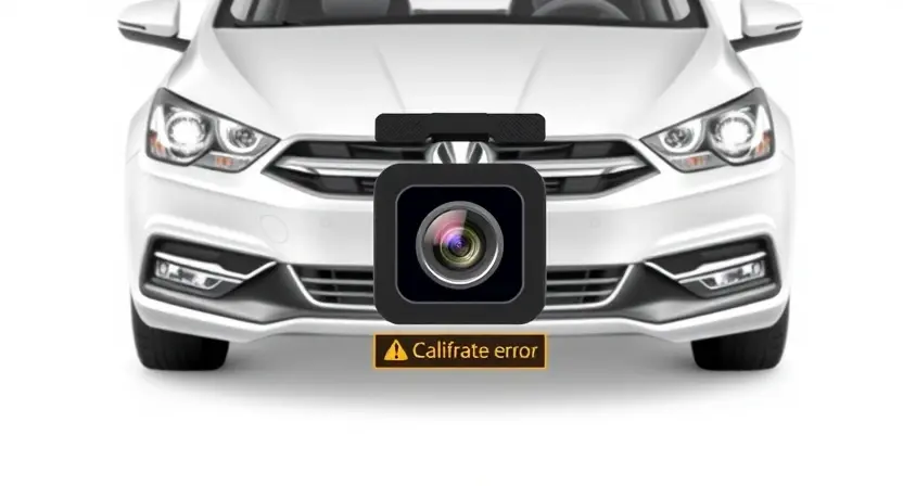 A high-quality technical illustration showing a front-facing camera module of a vehicle with a calibration error indicator, clean white background, professional lighting, no text or numbers on the image