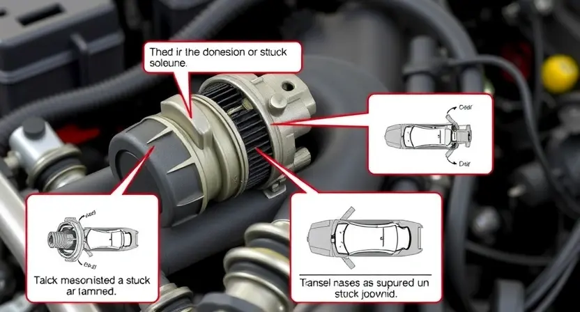 A detailed illustration of a car's transmission system, focusing on the solenoid and its potential malfunction. Show a close-up of the solenoid, with visual cues indicating a stuck or jammed state. Include diagrams illustrating the solenoid's role in the transmission's operation and the potential consequences of its failure. The background should be a slightly blurred engine compartment.
