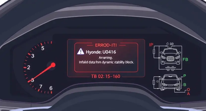 A technical illustration showing a car's OBD-II diagnostic interface displaying error code U0416 with a warning message about invalid data from the dynamic stability block, featuring a modern dashboard with warning lights, digital display, and schematic diagrams of vehicle systems, clean technical style
